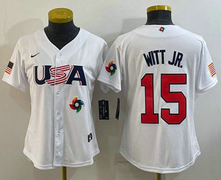 Womens USA Baseball #15 Bobby Witt Jr 2023 White World Classic Replica Stitched Jersey